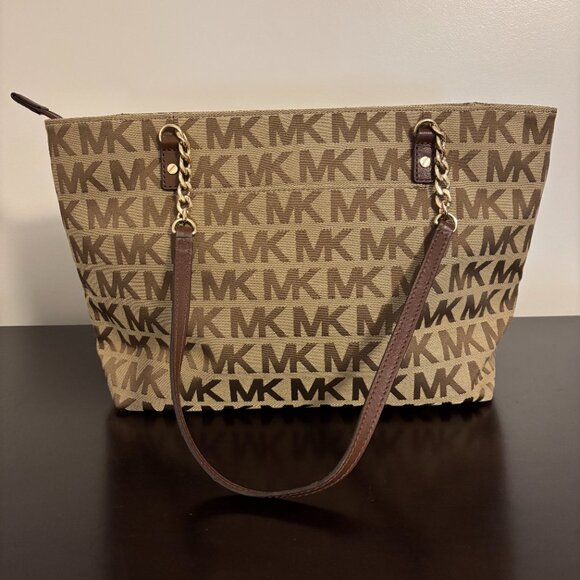 Michael Kors Jet Set Signature Tan Brown Gold Chain Handle Tote Bag - Picture 4 of 14